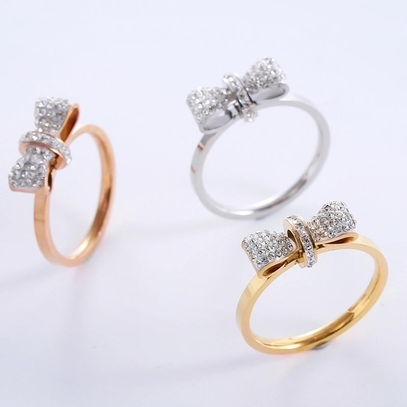 Princess Romantic Bow Knot 304 Stainless Steel Rhinestones 18K Gold Plated Rose Gold Plated Plating Inlay Rings