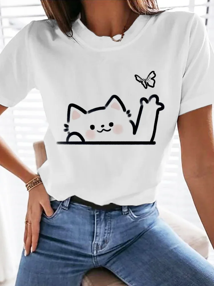 Cute Cat & Butterfly Print Crew Neck Comfy T Shirt