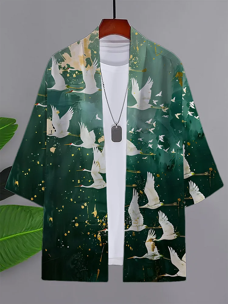 Men's Crane Art Print Print Casual Kimono Cardigan