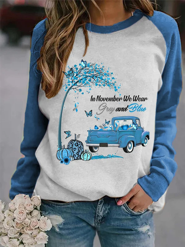 In November We Wear Grey & Blue Pumpkin Blue Truck Diabetes Graphic Sweatshirt