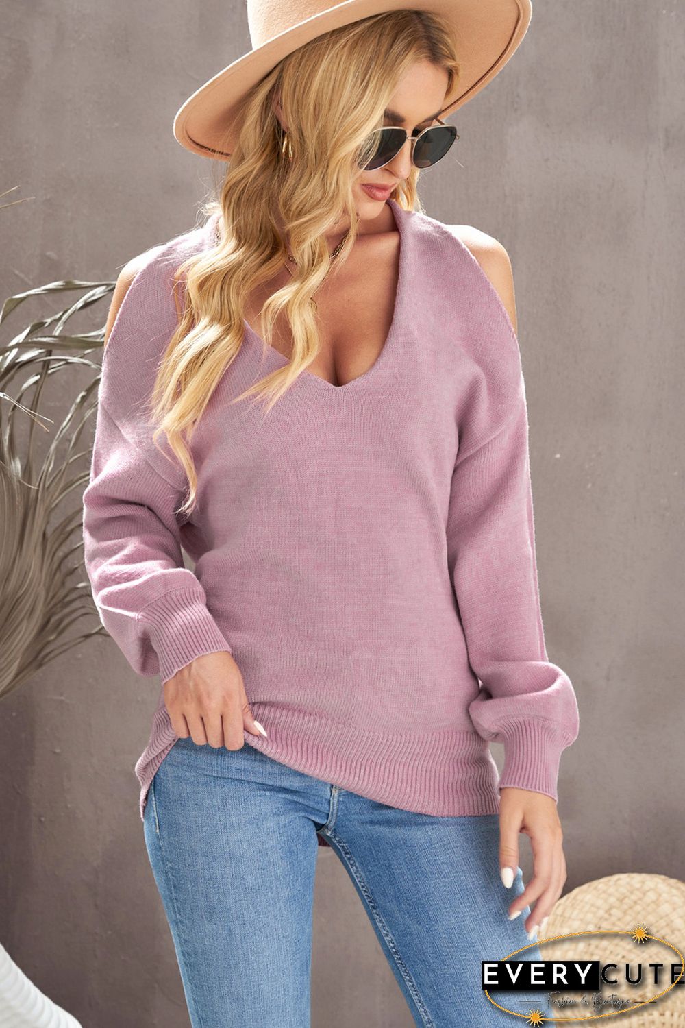 Pink V Neck Twisted Back Cold Shoulder Sweater