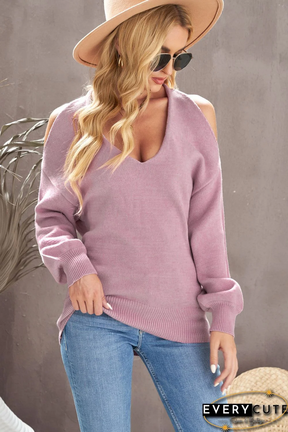 Pink V Neck Twisted Back Cold Shoulder Sweater