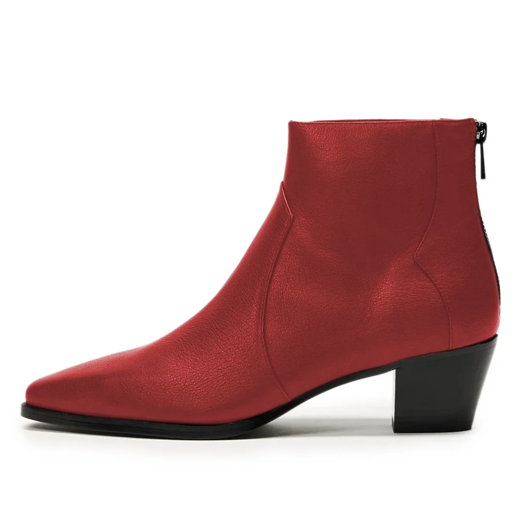 Vegan Leather Back-Zip Maroon Ankle Boots with Classic Block Heel
