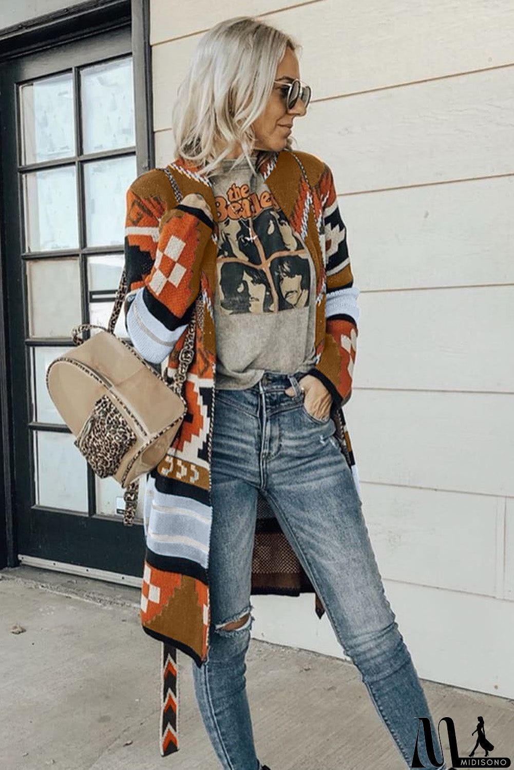 MidiSono - Multicolor Ethnic Style Knee Length Open Front Cardigan