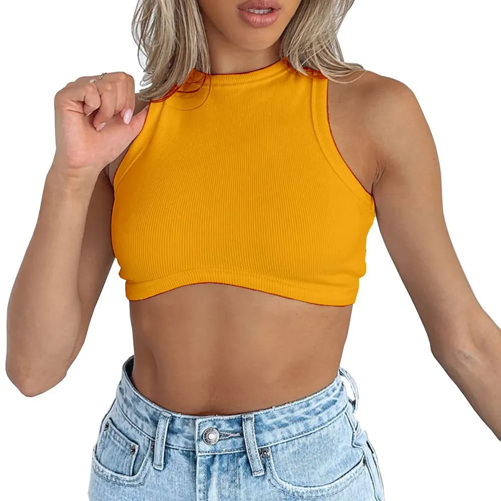 Uveng Uveng Women's New Women's Sexy Sleeveless Round Neck Rib Knit Vest Crop Top