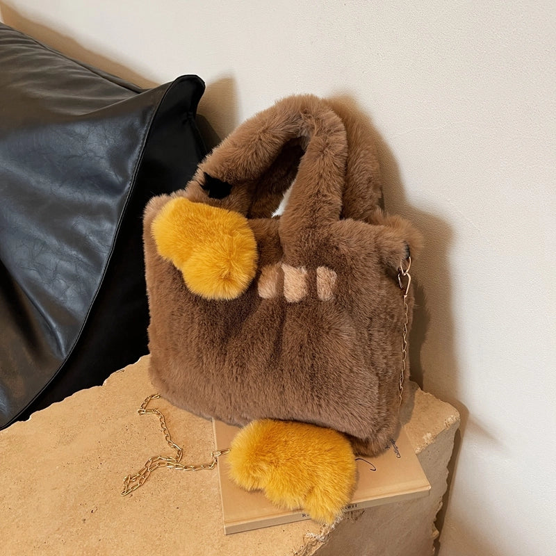 Fur Bag Portable Women’s Bag Large Capacity Cute Cartoon Big Goose Chain Shoulder Messenger Bag