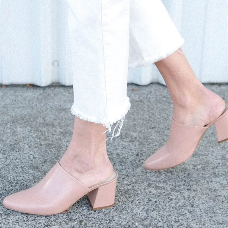 Women's Blush Block Heel Almond Toe Mules Sandals |FSJ Shoes