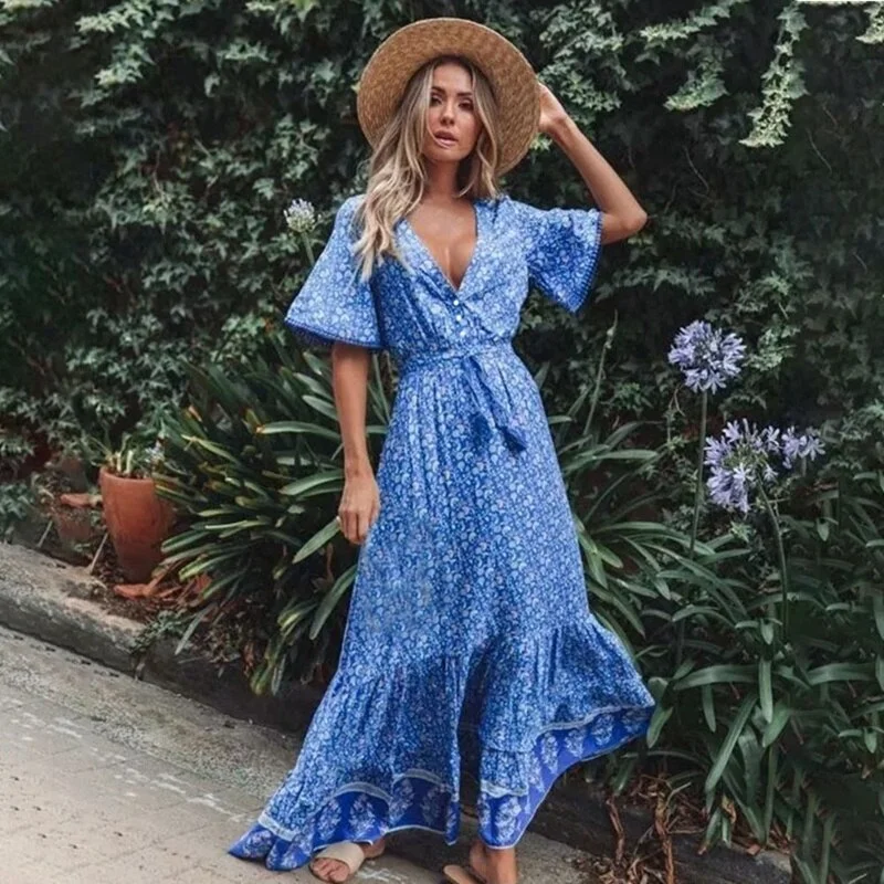 Women Summer Spring Boho Maxi Dress 2021 Vintage Floral Short Sleeve Elegant High waist Female Beach Long Dress Ladies Sundress