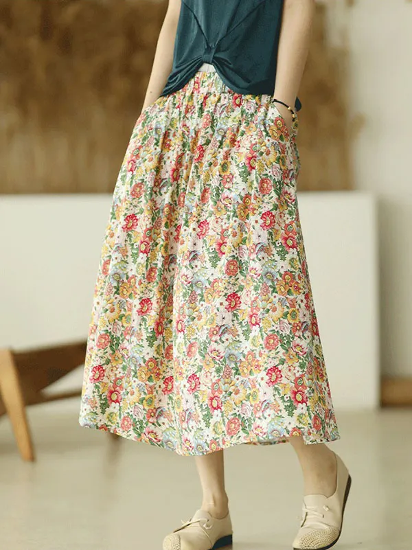 Acetate Blend Floral Print Women Tiered Skirt