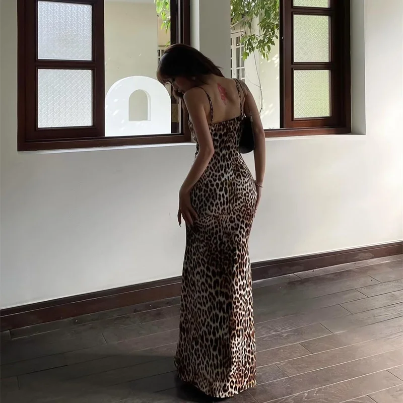 Brownm Brownm Summer New Fashion Retro Leopard Print Sexy Pure Desire Slim Condole Belt Dress Female