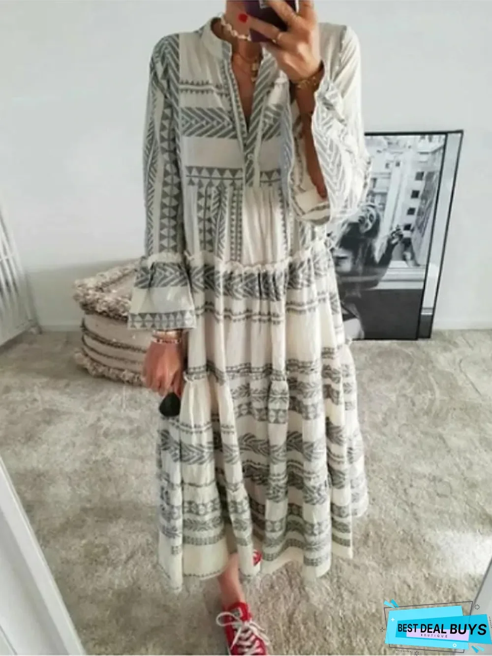 Women's Swing Dress Maxi Long Dress - 3/4 Length Sleeve Geometric Print Spring Summer Casual Vacation Dresses Flare Cuff Sleeve Red Gray