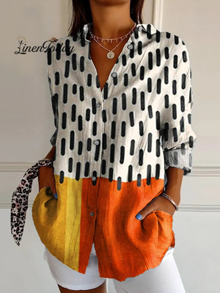 Women’s Short Stripes Are Color-Blocked Print Casual Cotton Shirt Multicolor / S