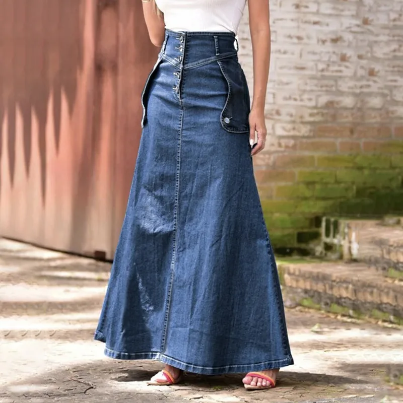 Parigaminghub Skirts Women A Line Long Skirt Slim Fit High Waist Elegant Splice Denim Sexy Casual Regular Pocket Button Solid Summer 2025