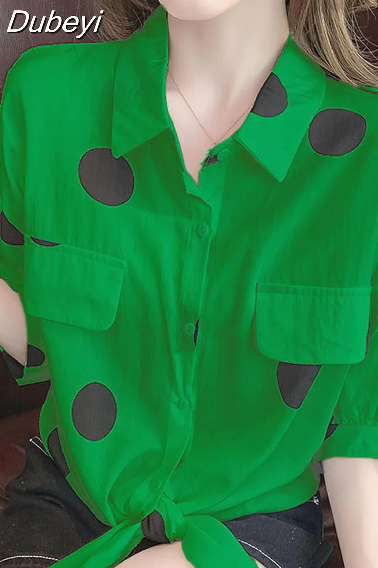 Dubeyi Bandage Printed Polka Dot Lapel Spliced Pockets Button Loose Puff Sleeve Shirt Summer Commute Tops Casual Women's Blouse
