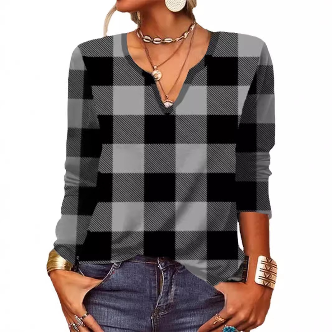 Mature Women Plaid & Printed Top V-neck Loose Long Sleeve Shirt