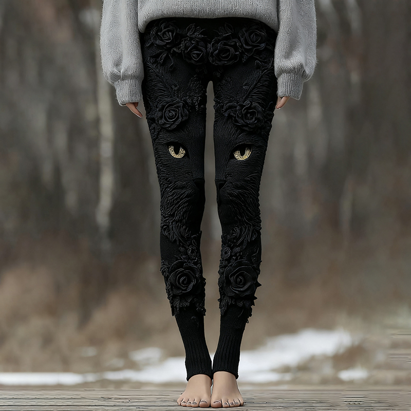 Vintage Cute Cat Face With Roses Art Embroidered Cozy Knit Leggings