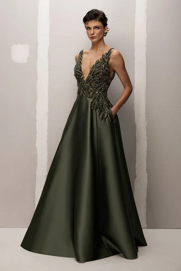 Formal V-Neck A-Line Embroidery Prom Dress With Pockets ZT0789
