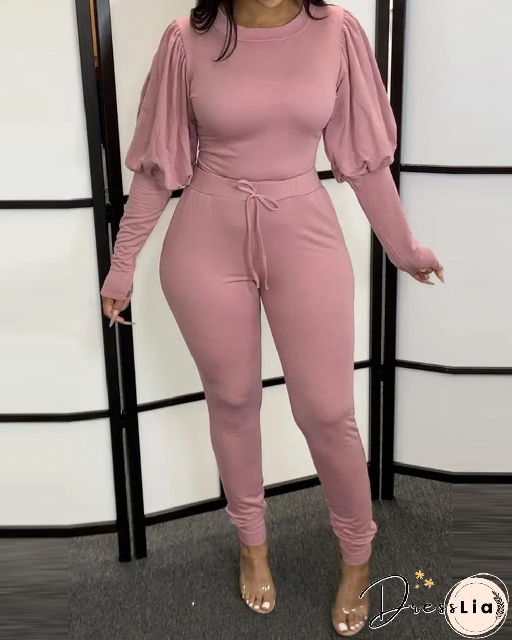 Gigot Sleeve Top & Drawstring Pants Set