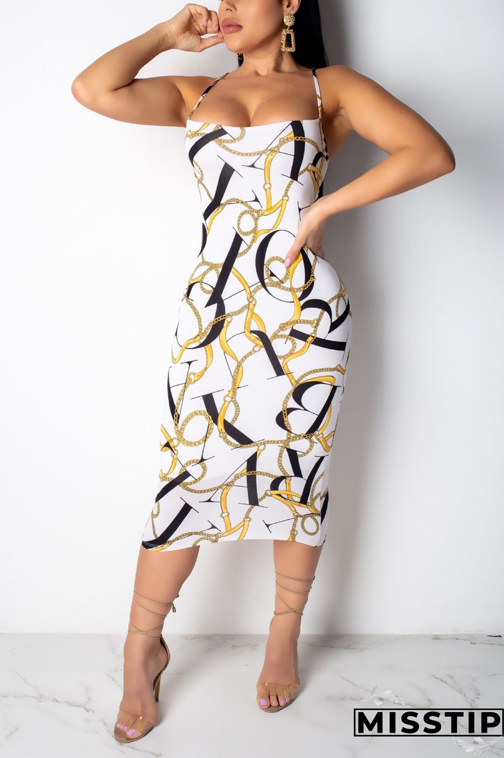 Dark Blue Chain Print Back Hollow Out Slip Dress