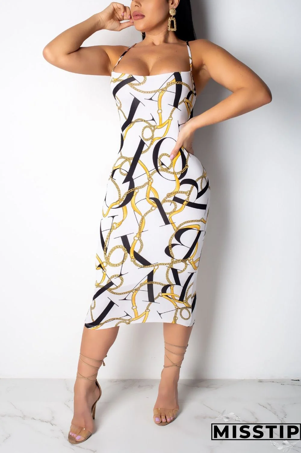 Dark Blue Chain Print Back Hollow Out Slip Dress