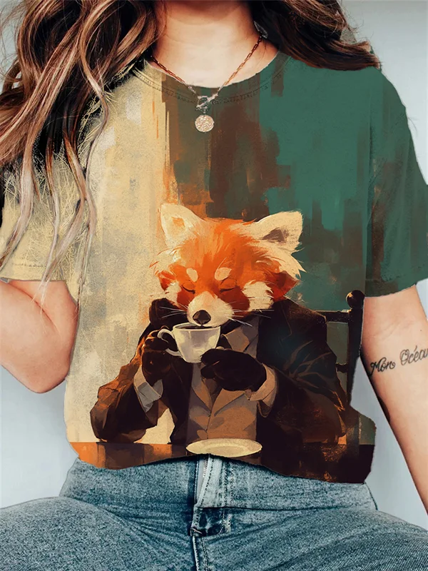 Women's Gentleman Mr. Fox Drinking Coffee Art Print Casual T-Shirt