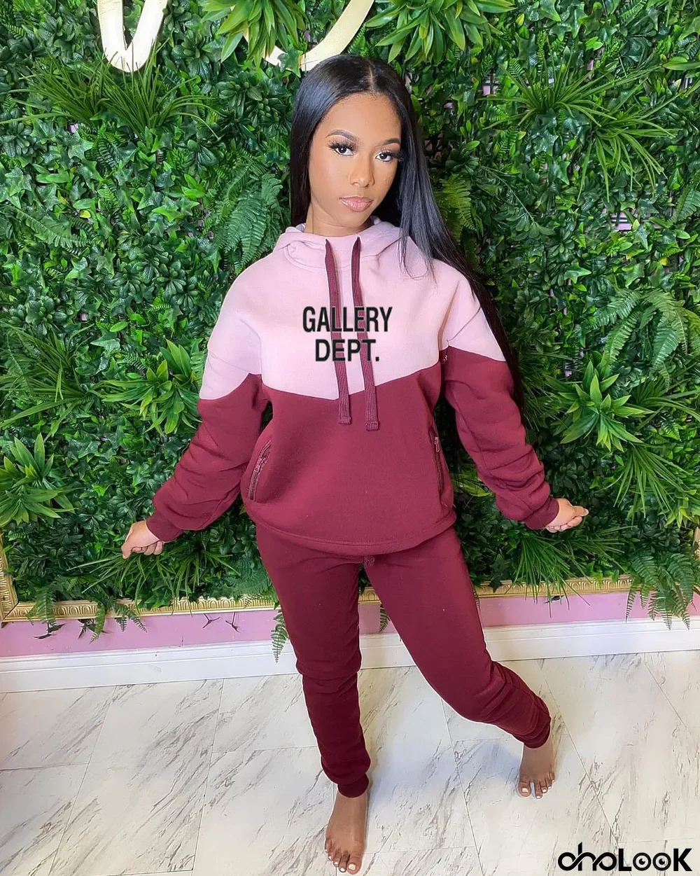 Letter Print Color Blocking Hoodies Two Piece Pants Set