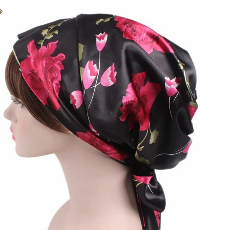 New Soft Silk Women Night Sleep Head Wear Shower Wrap Cap Adjustable Ladies Long Hair Care Bonnet Scraf Satin Hat Accessories