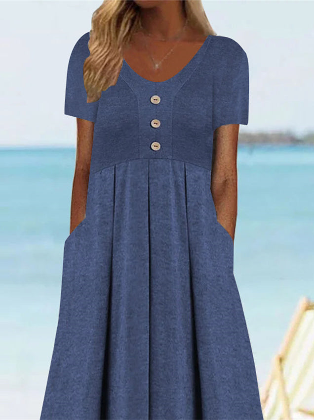 Women's Short Sleeve Scoop Neck Solid Buttons Tops