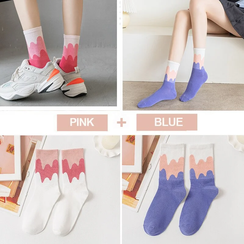 FINETOO 2Pairs/lot Women Midi Tube Socks Female Autumn Winter Candy Colors Korean Japanese Stitching Cotton Girls Graffiti Sock
