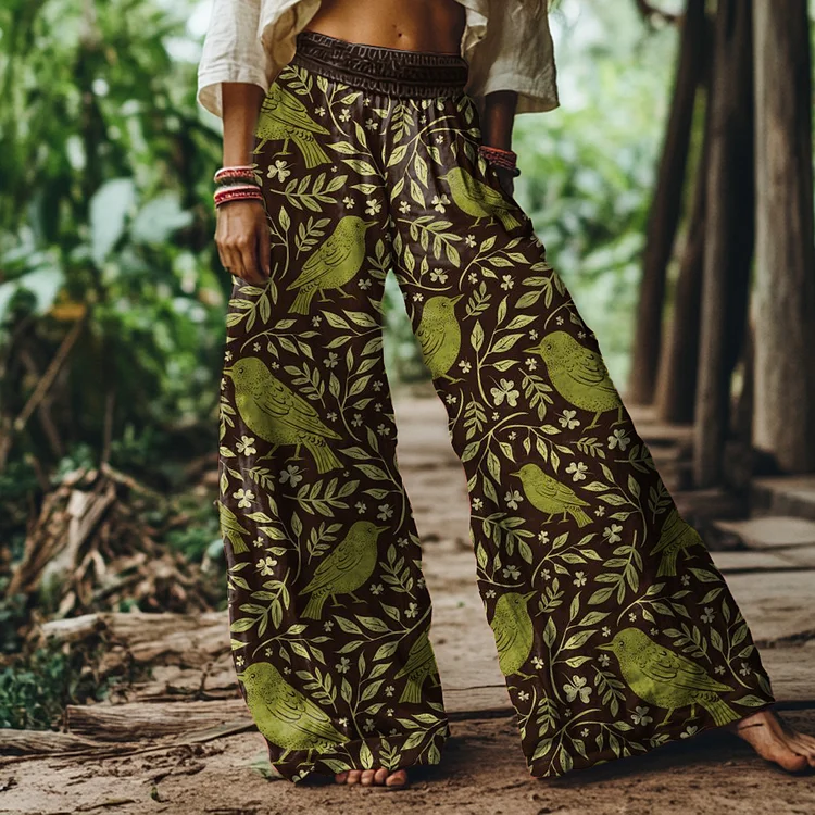 Vintage Plant and Bird Print Loose Wide Leg Pants