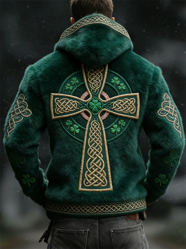 Men's Vintage Irish Shamrock Cross Viking Celtic Cozy Plush Hoodie