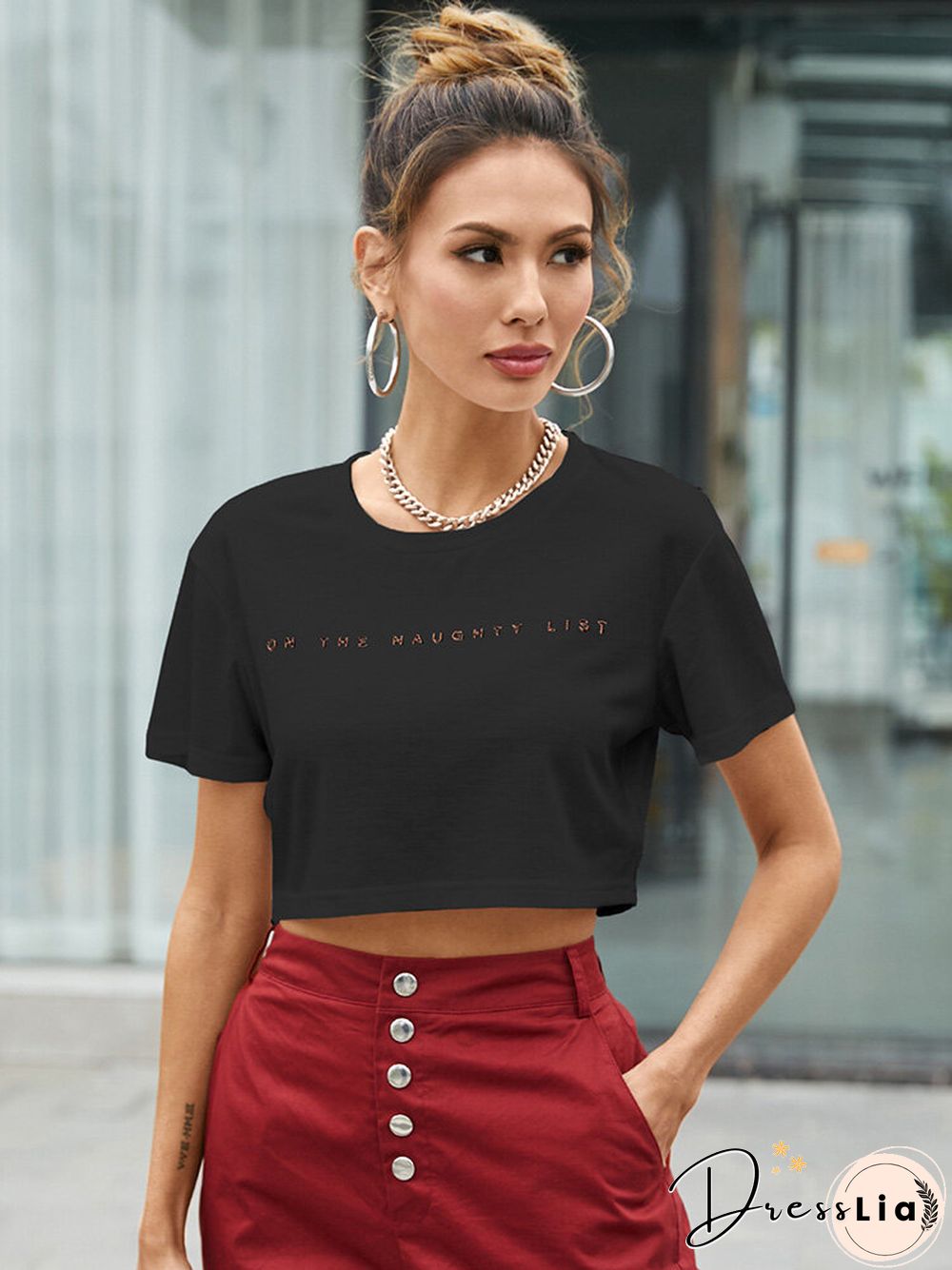 Letters Print O-neck Short Sleeve Casual Crop Top for Women