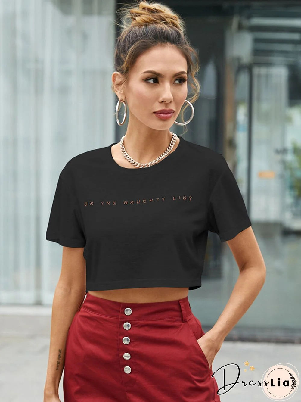 Letters Print O-neck Short Sleeve Casual Crop Top for Women