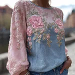 Vintage Pink Roses Embroidered Denim Contrast Linen Tunic - Image 2