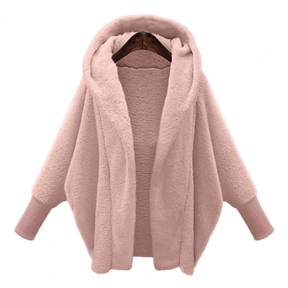 Women Coat Fleece Hooded Thick Long Sleeves Cardigan Keep Warm Soft Elastic Cuff Batwing Sleeves Winter Jacket