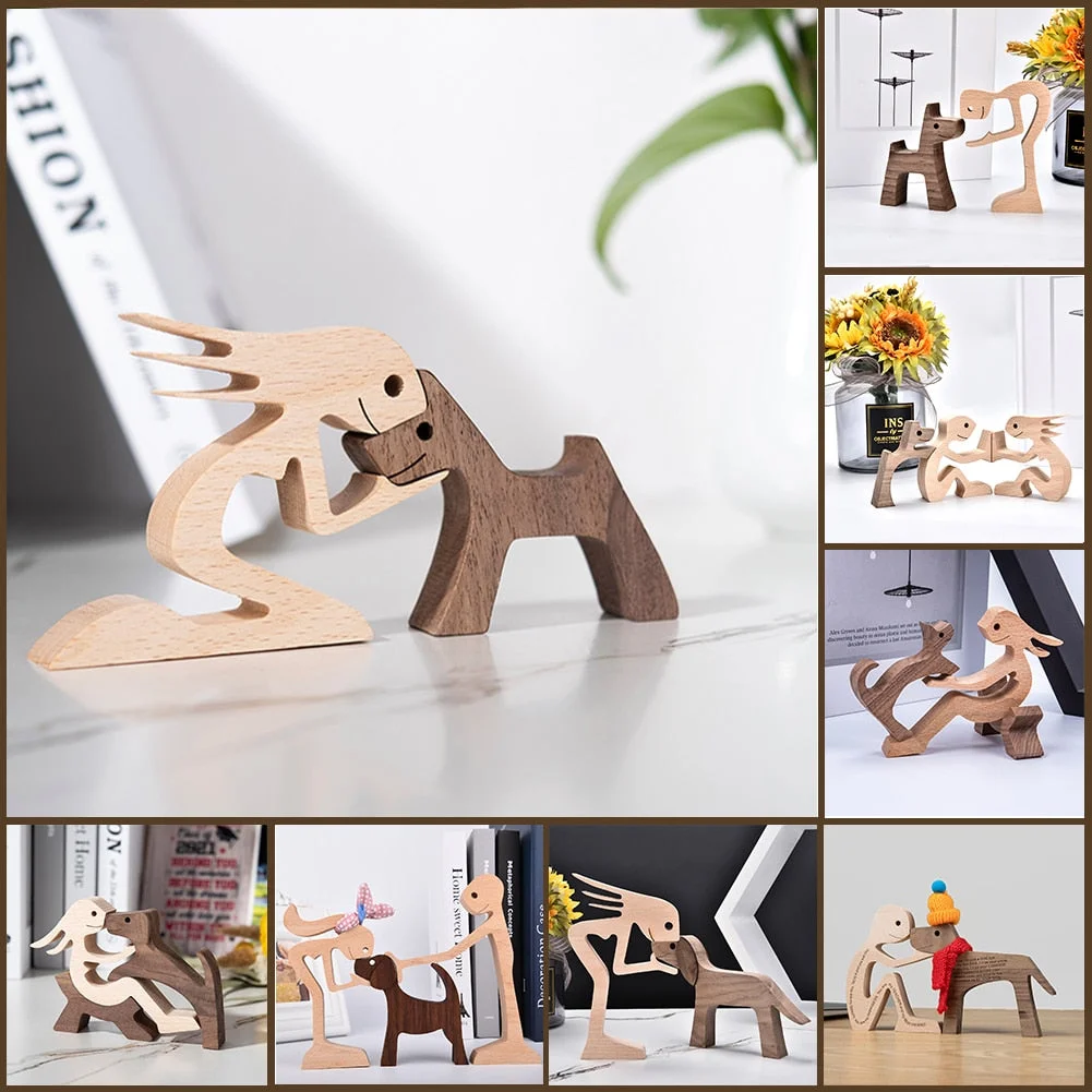 Family Puppy Wood Dog Craft Figurine Desktop Table Ornament Carving Model Creative Home Office Decoration Love Pet Dropshipping