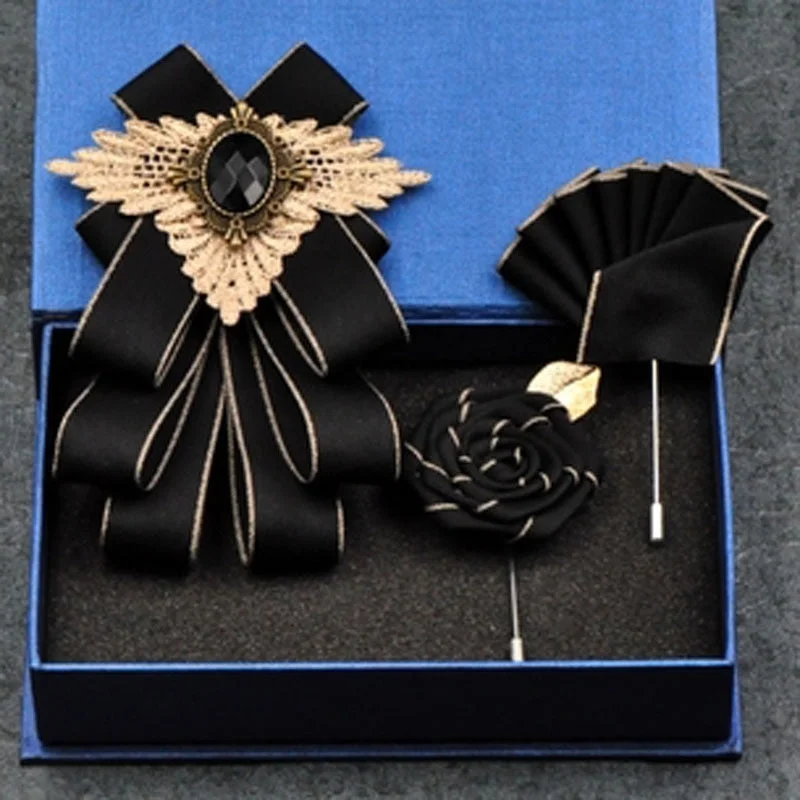 Fashion New Casual Multilayer Bowtie Diamond Brooch Rhinestone Red Bow Tie Brooch Set Wedding Groom Groomsmen Pocket Square Men