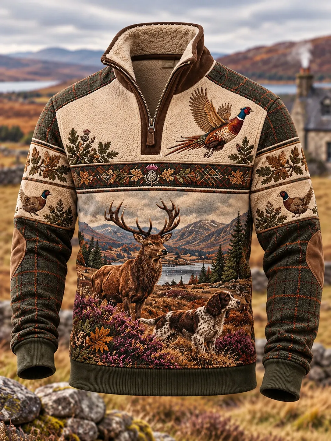 Men's Hunting Season Natural Scenery Wild Animal Print Stand Collar ...