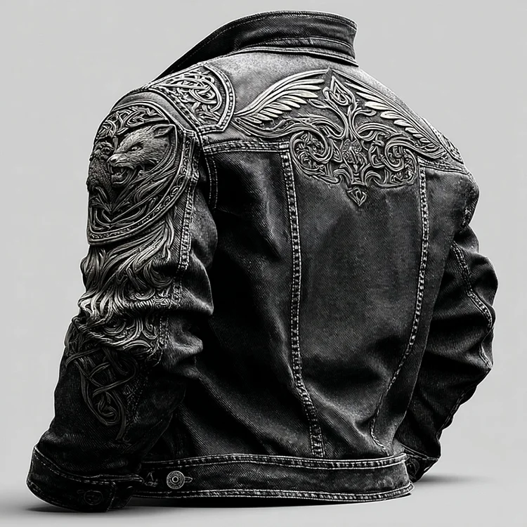 Men's Retro Celtic Knot And Wolf Art Pattern Washed Denim Jacket