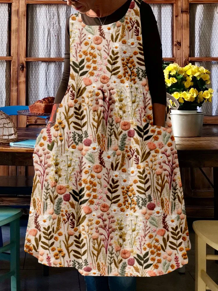 🔥kukelife🔥Wildflower Meadow Floral Embroidery Art Comfy Midi Pinafore Dress