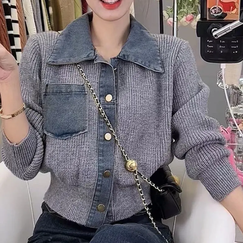 Churchf Churchf And Winter Women's Clothes Fake Two POLO Collar Short Jacket Denim Shirt Collar Stitching Knit Cardigan Sweater Coat