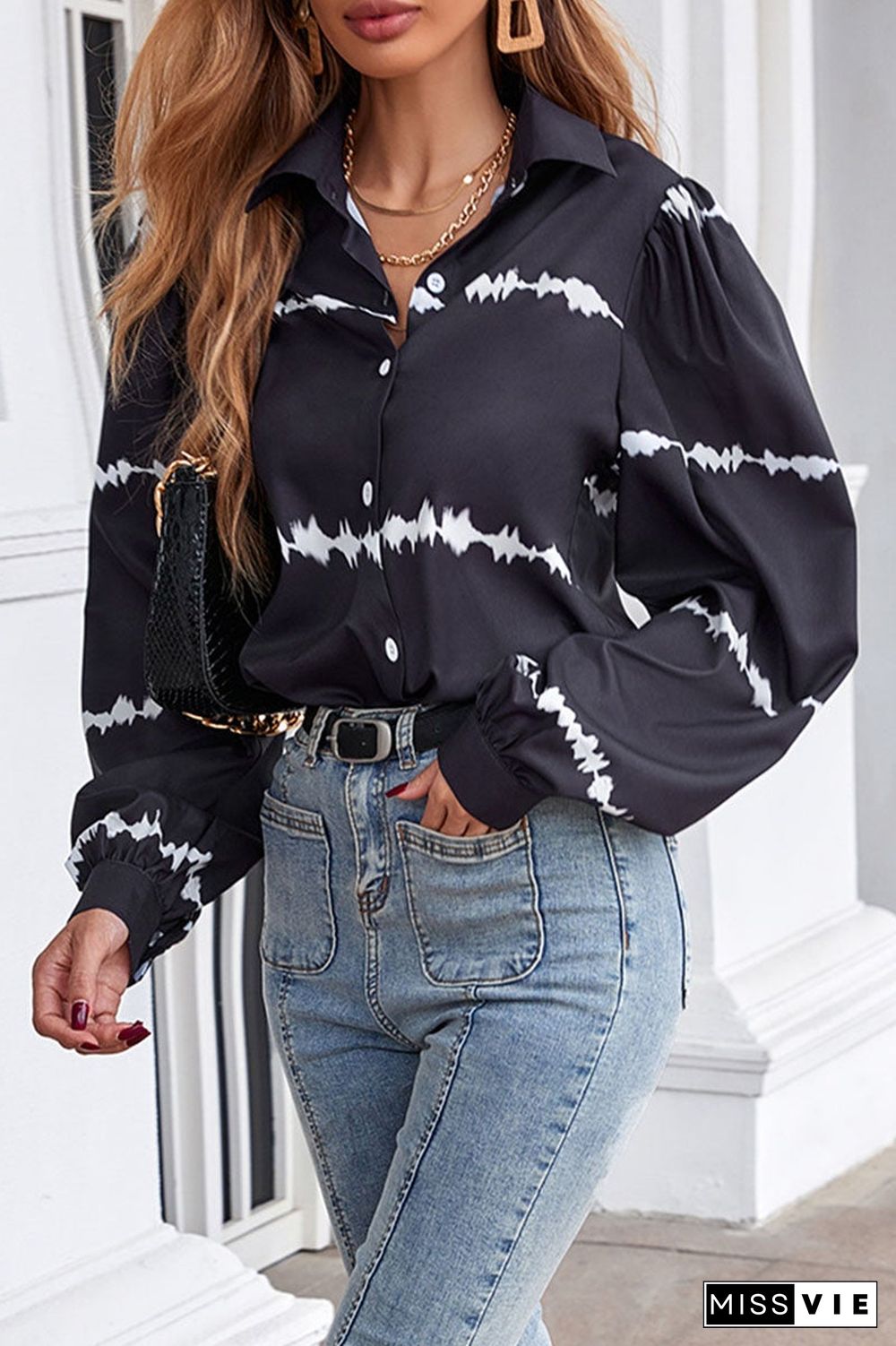 Fashion Street Print Split Joint Turndown Collar Tops