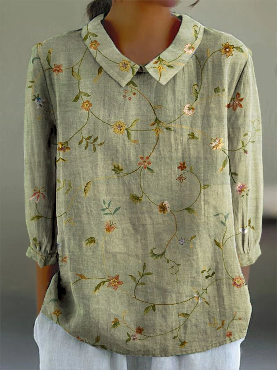 Women's Vintage Floral Art Print Casual Cotton And Linen 3/4 Sleeve Shirt