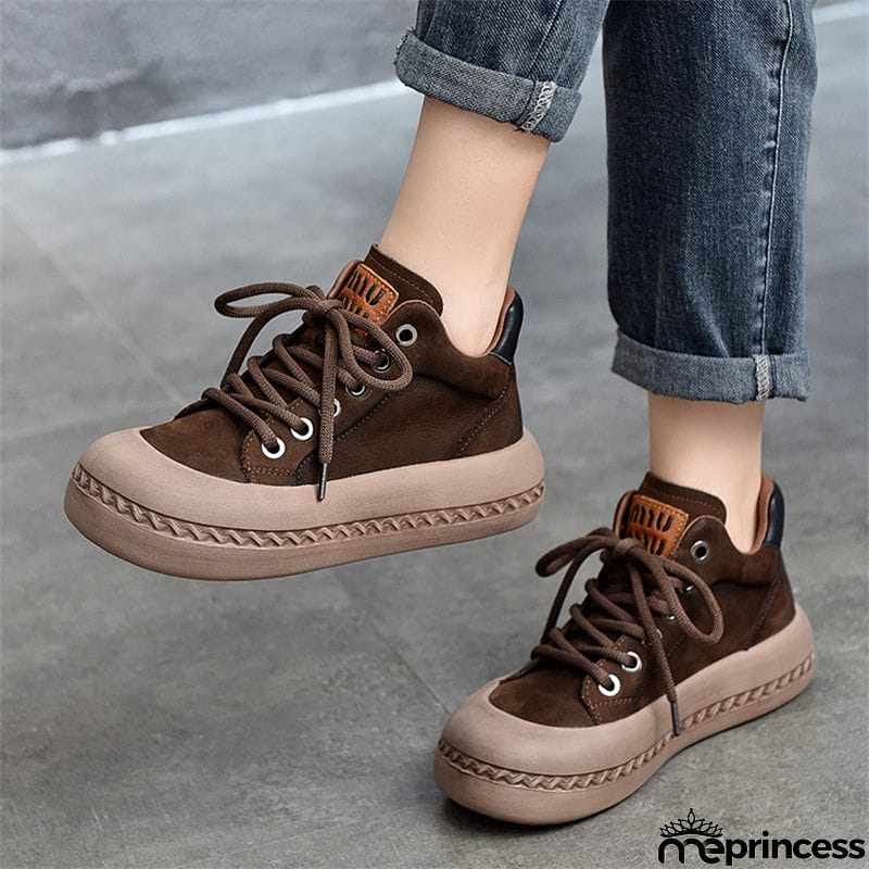 Genuine Leather Retro High Top Thick-soled  Lady Shoes