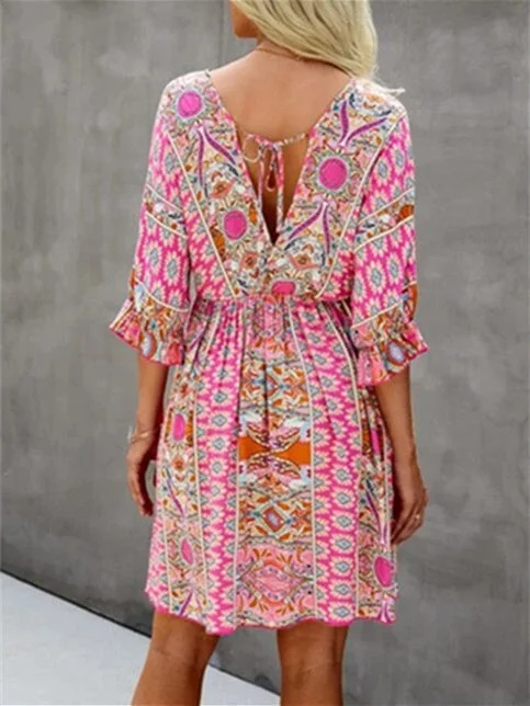 Women's Short Sleeve V-neck Floral Printed Lace-up Midi Dress