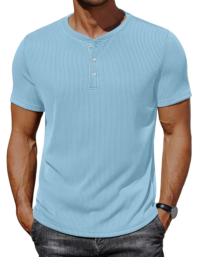 Men's Casual Solid Color Pit Short Sleeve Button-down Henley Shirt