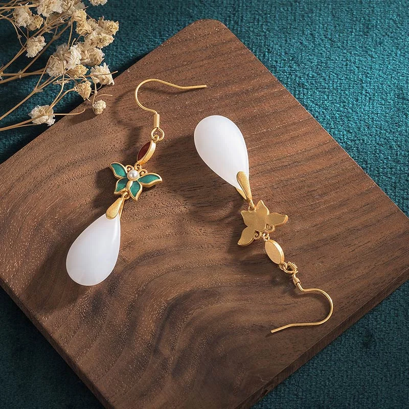 FengShui White Jade Luck Drop Earrings