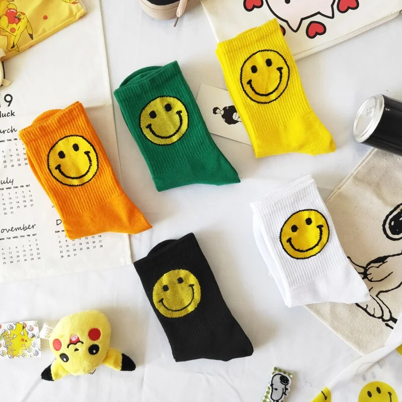 5pairs/set Women's Socks Big Smile Face Mid-calf Length Media Corta Crew Female Cotton Sock Couple Socks