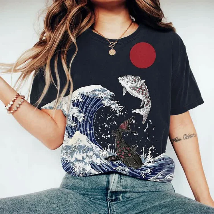 Japanese Wave And Carp Print T-shirt
