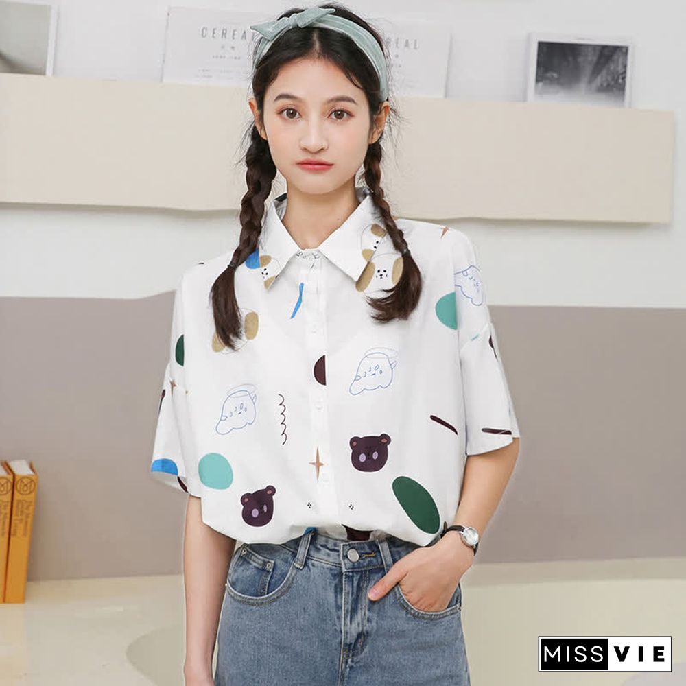 Cartoon Bear Print Lapel Casual T-Shirt